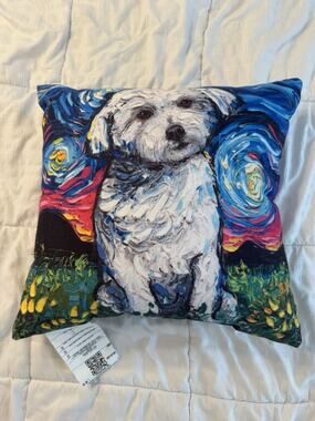 Maltese Night Pillow Maltipoo Dog Decoration Blue Pink Sky Vibrant Colorful Home